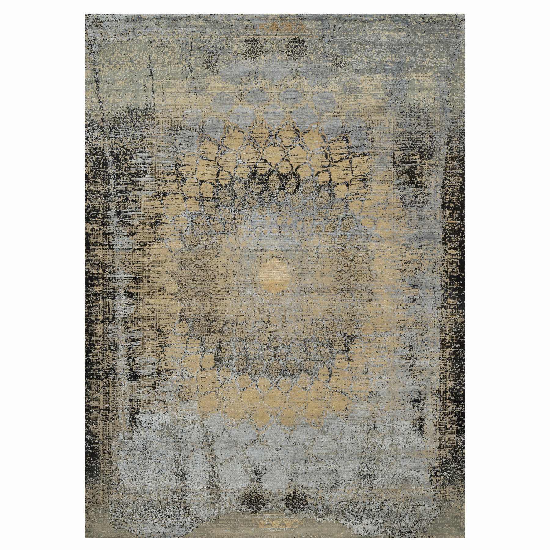 10'x14' Ecru Brown, Broken and Erased Persian Goombad Design, Hand Knotted Wool and Silk Oxidized, Oriental Rug